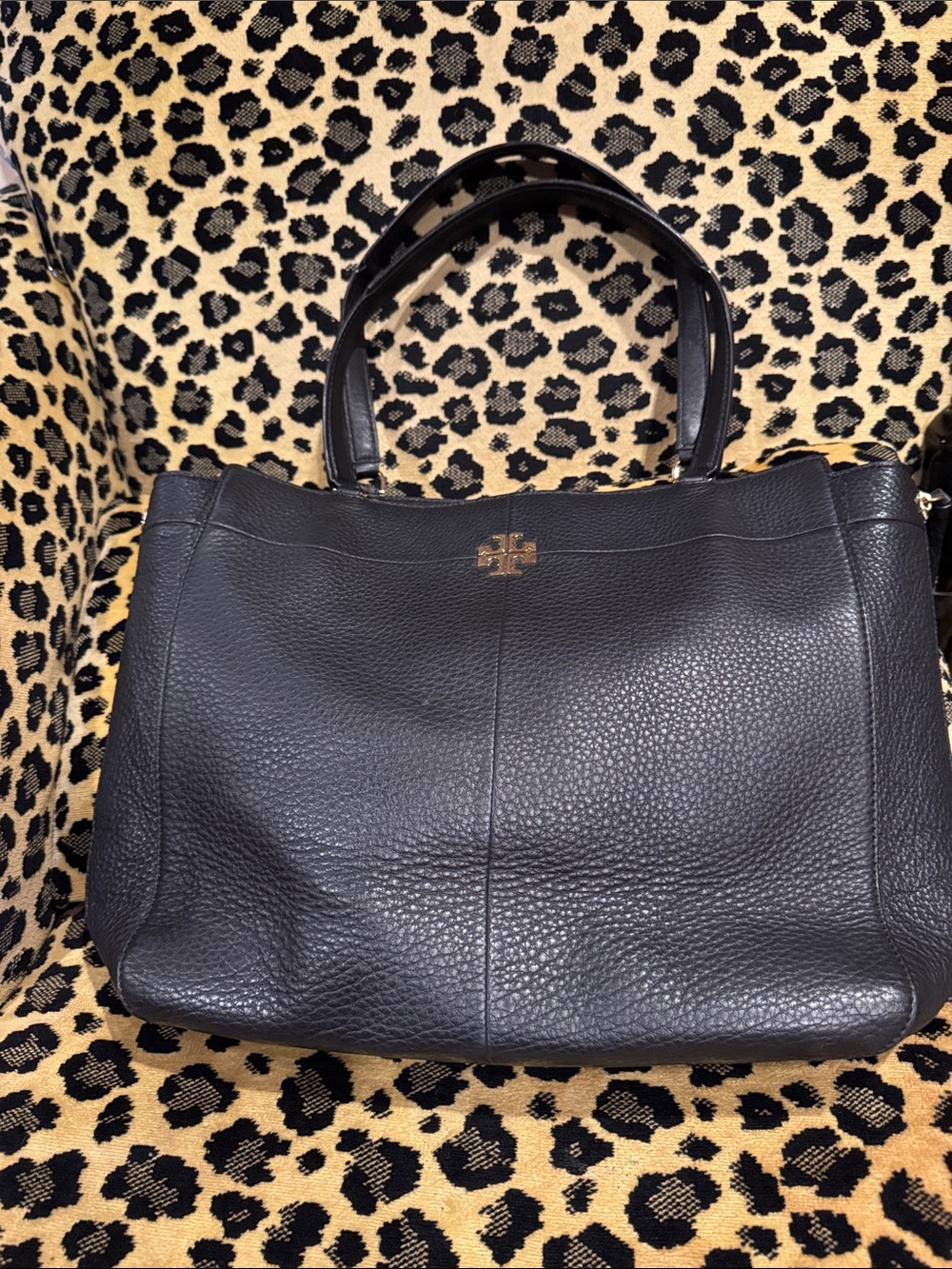 Tory Burch Black Pebbled Leather Tote with Gold Logo Accent